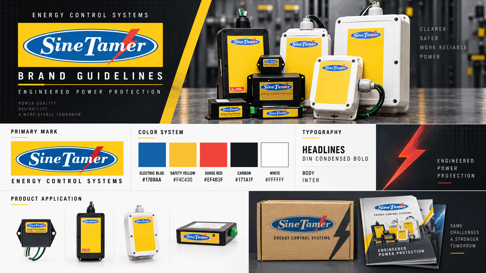 SineTamer brand guidelines sheet showing logos, color swatches, product images, and packaging on a black-and-white layout