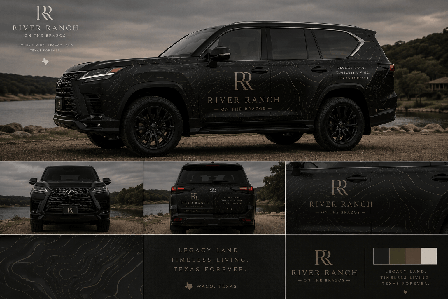 Black luxury SUV ad collage with side, rear, and front views on a moody landscape background