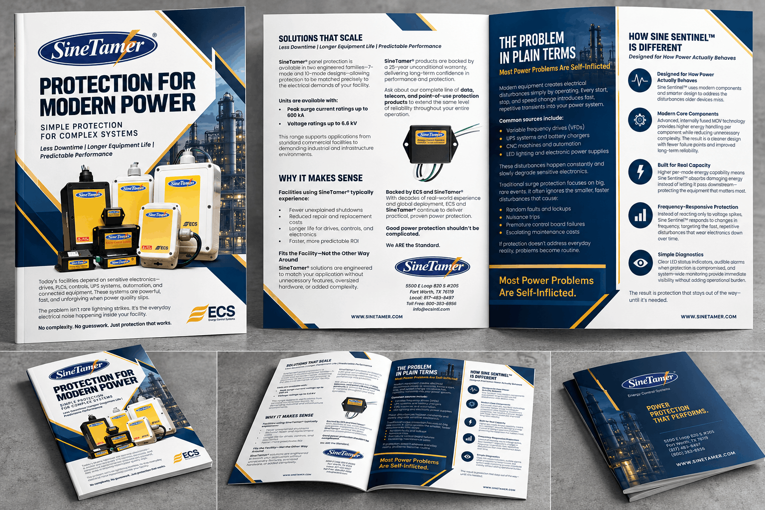 Trifold marketing brochure for lightning protection systems, blue and white, with product photos and feature icons