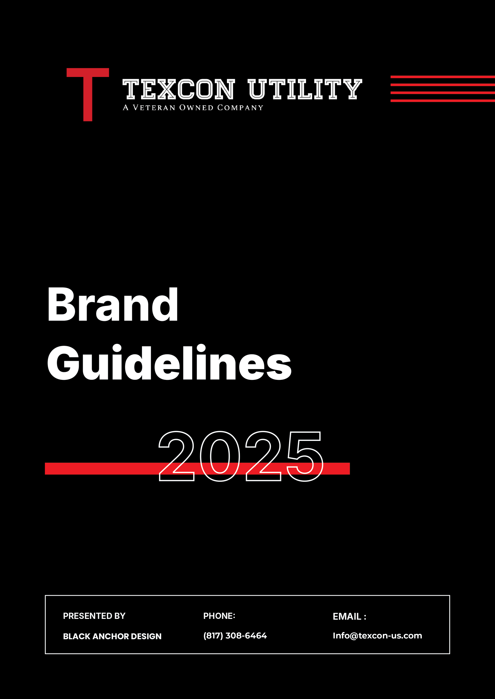Texcon Utility LLC Texcon Utility Brand Guidelines 2025 cover. Black background with white and red text and lines.