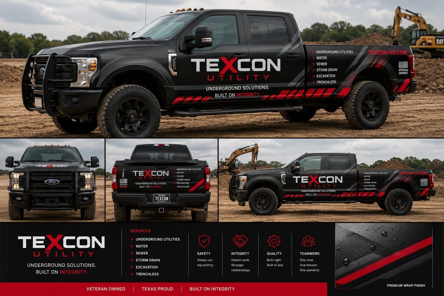 Black TEXCON pickup truck with red graphics in a branded promotional layout.