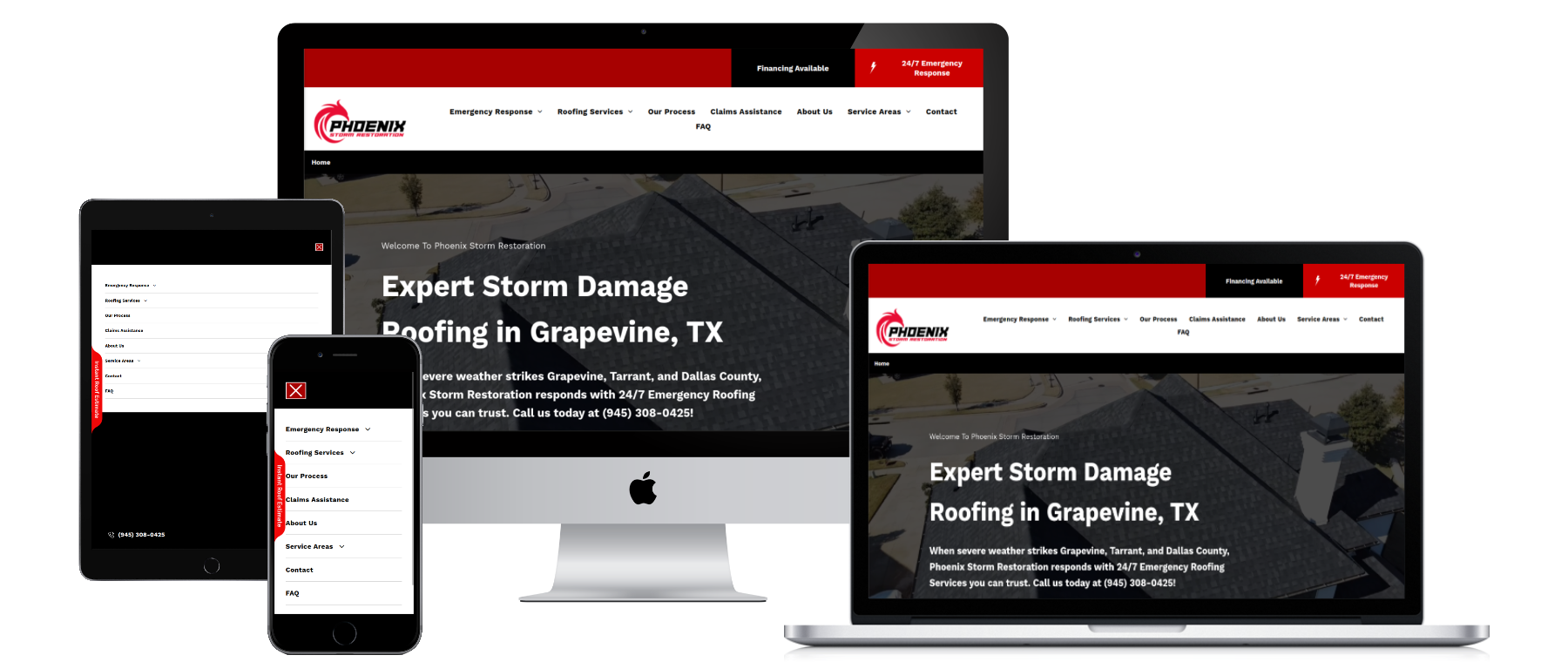 Multiple devices displaying the Furano Roofing website.