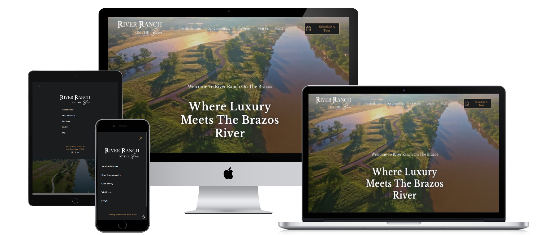 Web design displayed on multiple devices: computer, tablet, phone. Website features a river view and the tagline