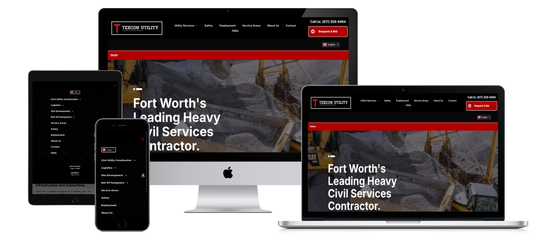 Texcon Utility Website displayed on a desktop, laptop, tablet, and smartphone, showcasing a construction services company's site.