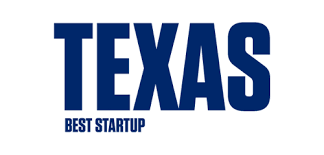 The logo for texas best startup is blue and white