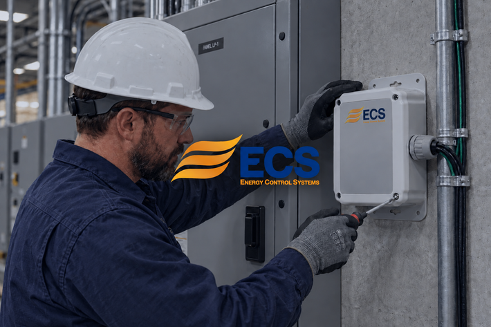Technician in white hard hat installs an ECS electrical box on a wall.