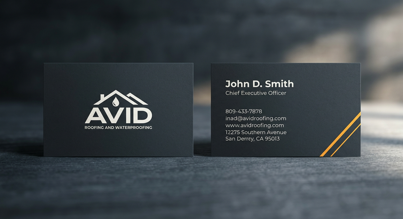 Dark business card mockup with AVID logo and black-and-gold contact details on a gray surface