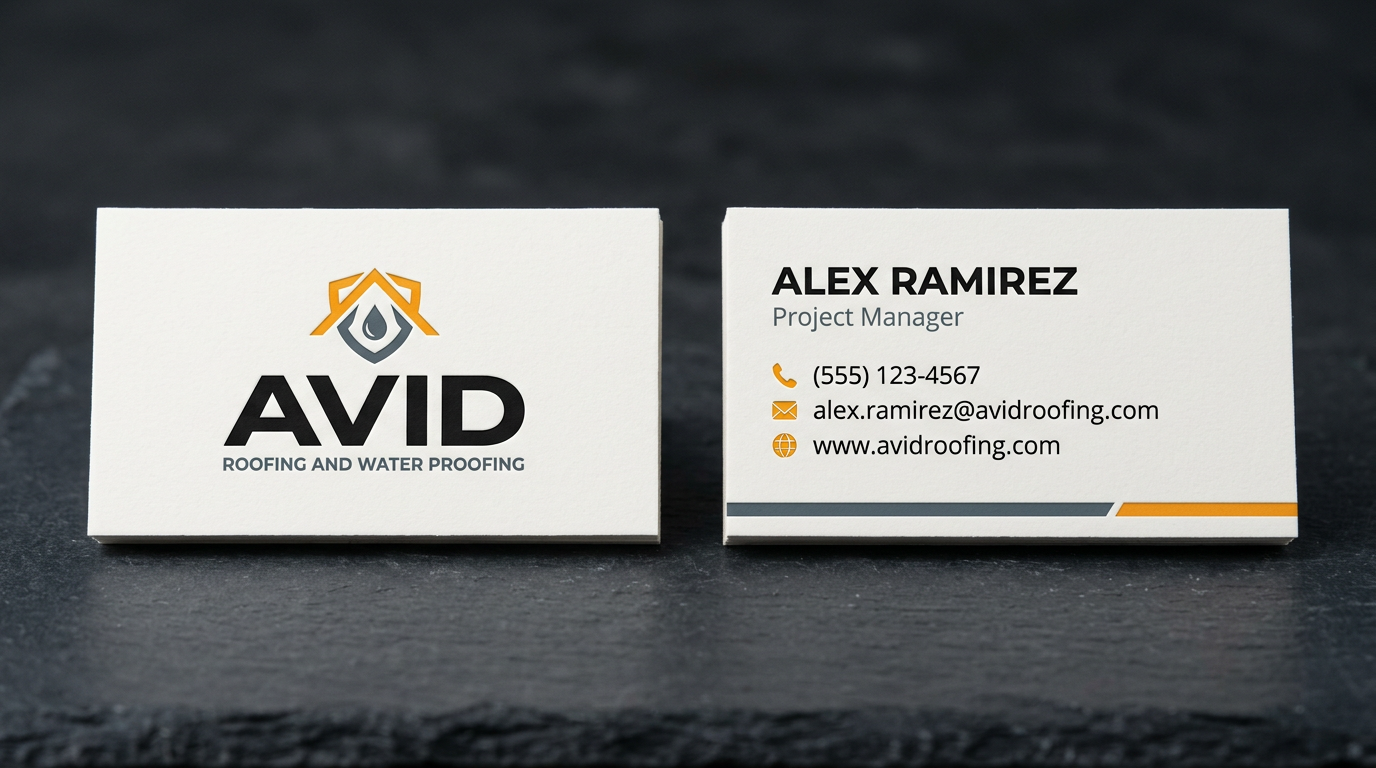Two white business cards on a dark surface, one showing the AVID logo and the other Alex Ramirez contact details.