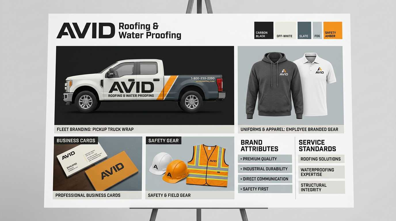 AVID Roofing & Water Proofing branding board with truck wrap, shirts, hats, and safety gear in gray, orange, and black