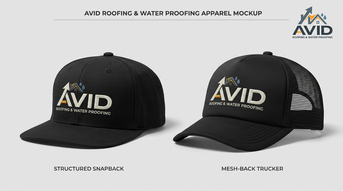 Black AVID trucker hats shown front and side views on a white background