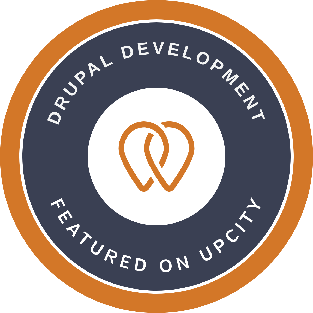 TOP DIGITAL AGENCY UPCITY Badge: Drupal Development, featured on UpCity, with a logo of two connected teardrop shapes.