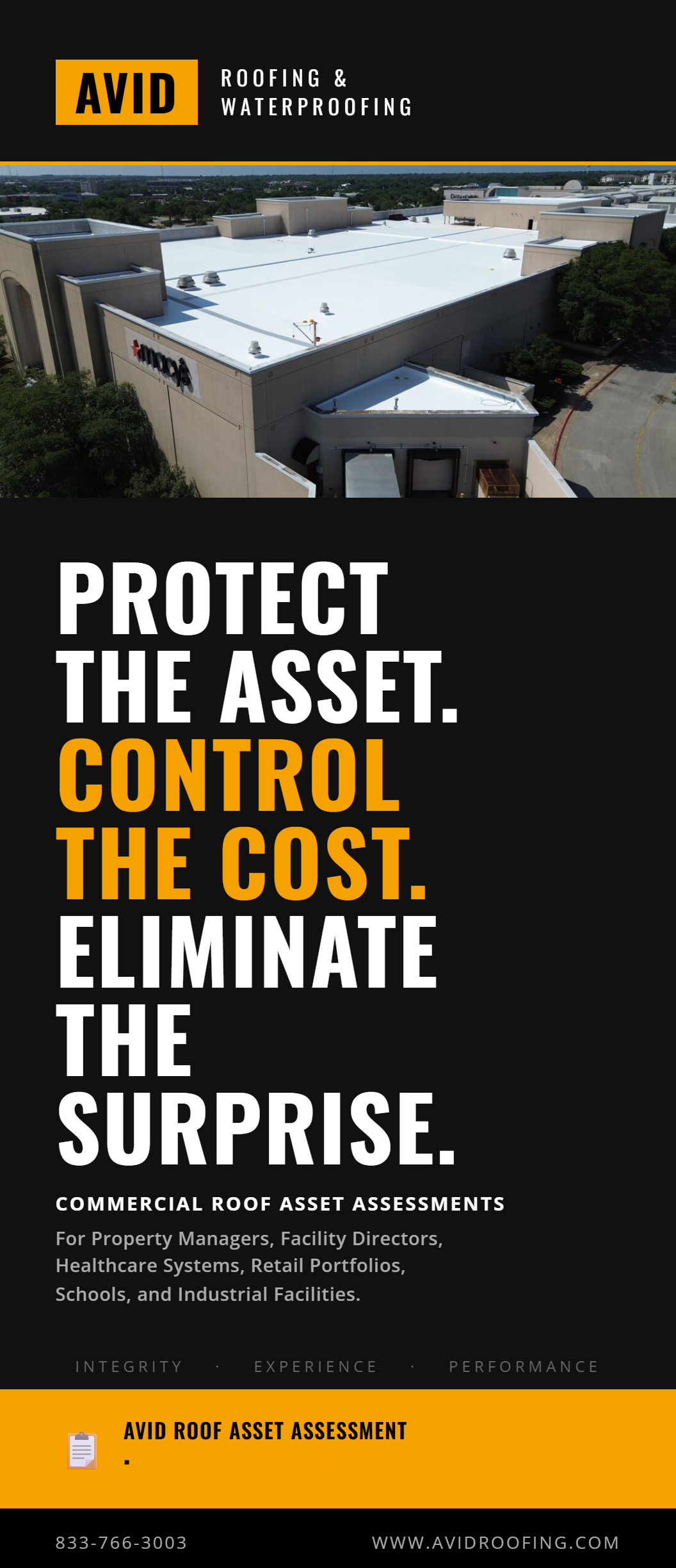 Aerial view of a building with text: “Protect the asset. Control the cost. Eliminate the surprise.”