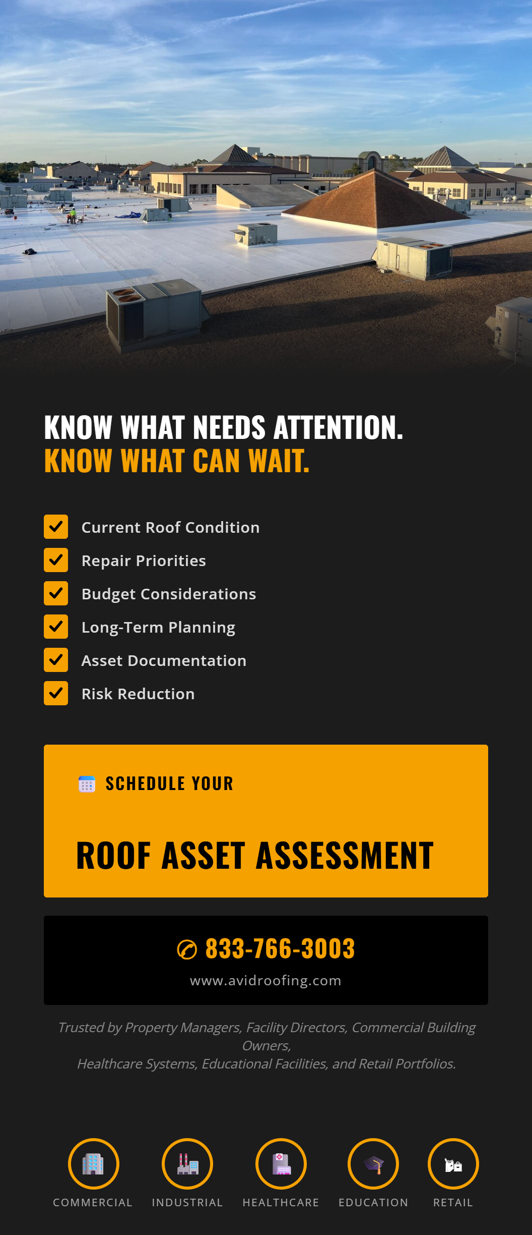 Aerial view of a building with text: “Protect the asset. Control the cost. Eliminate the surprise.”