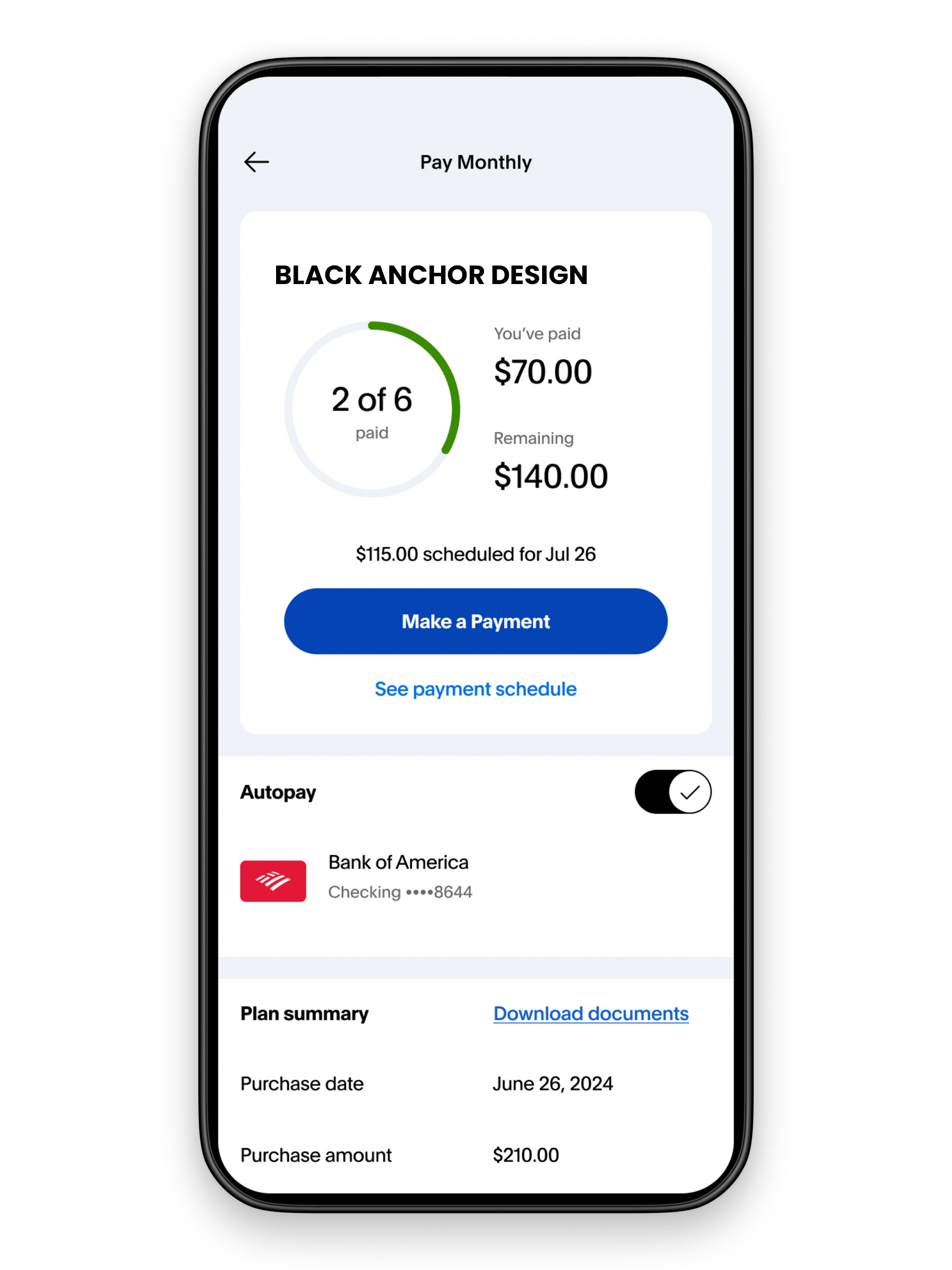 A cell phone with a screen that says `` black anchor design '' on it.