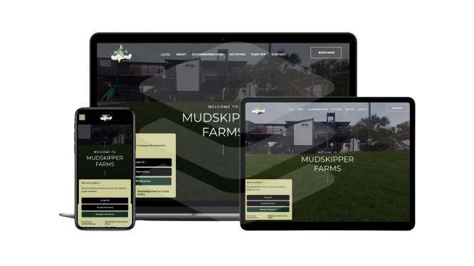 A laptop , tablet , and cell phone are displaying a website for mudskip farm.