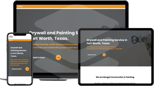 A computer , tablet , and cell phone are displaying a website for drywall and painting.