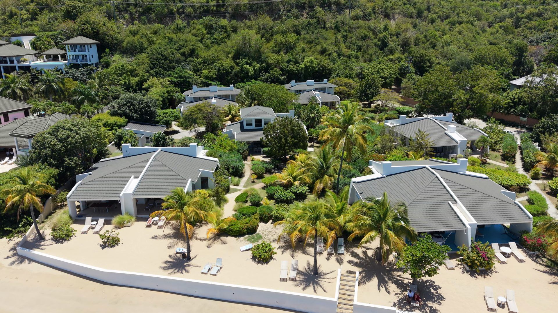 Aerial view of the Mango Bay villas and tropical gardens
