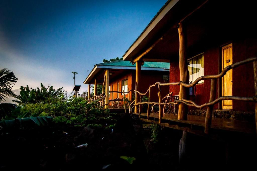 A red house with a wooden porch and a giraffe in the background