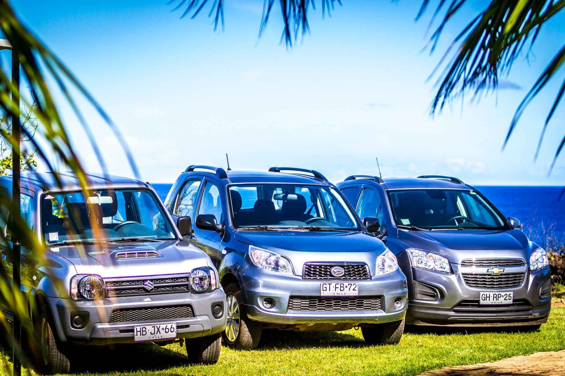 Three cars are parked next to each other on a lush green field.