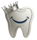Silver smiling tooth with a crown, resembling a dental logo