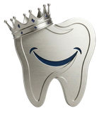 Silver smiling tooth with a crown, resembling a dental logo