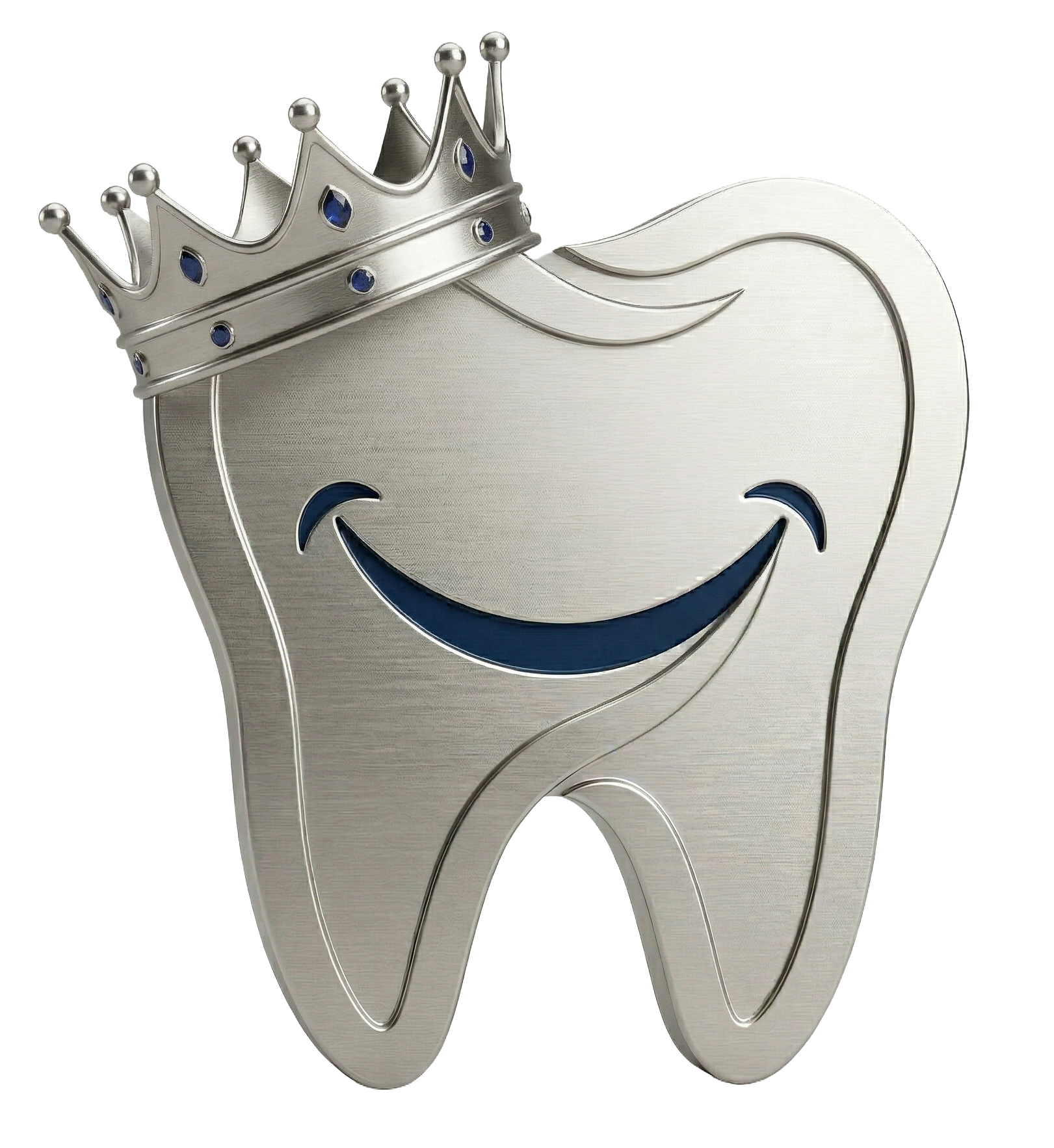 Silver smiling tooth with a crown, resembling a dental logo