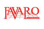 Logo Favaro arredamenti in rosso, con linee della griglia sotto il testo.