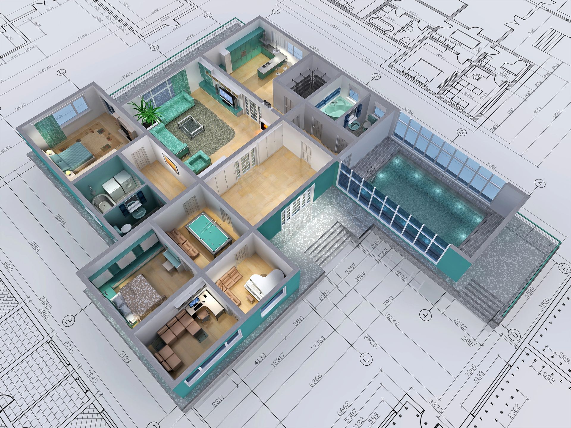 Planimetria architettonica 3D di una casa moderna con piscina, che raffigura gli interni in tonalità verde acqua e neutre.