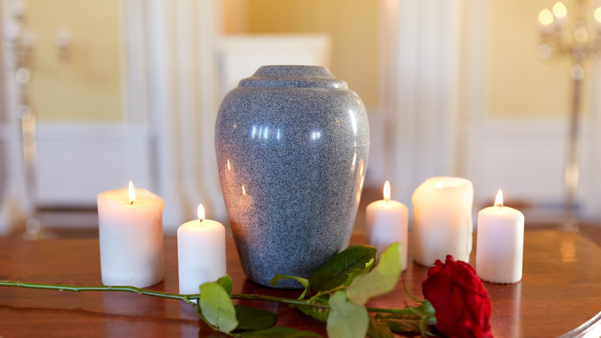 Blue vase with white candles and red rose on a table in a softly lit room