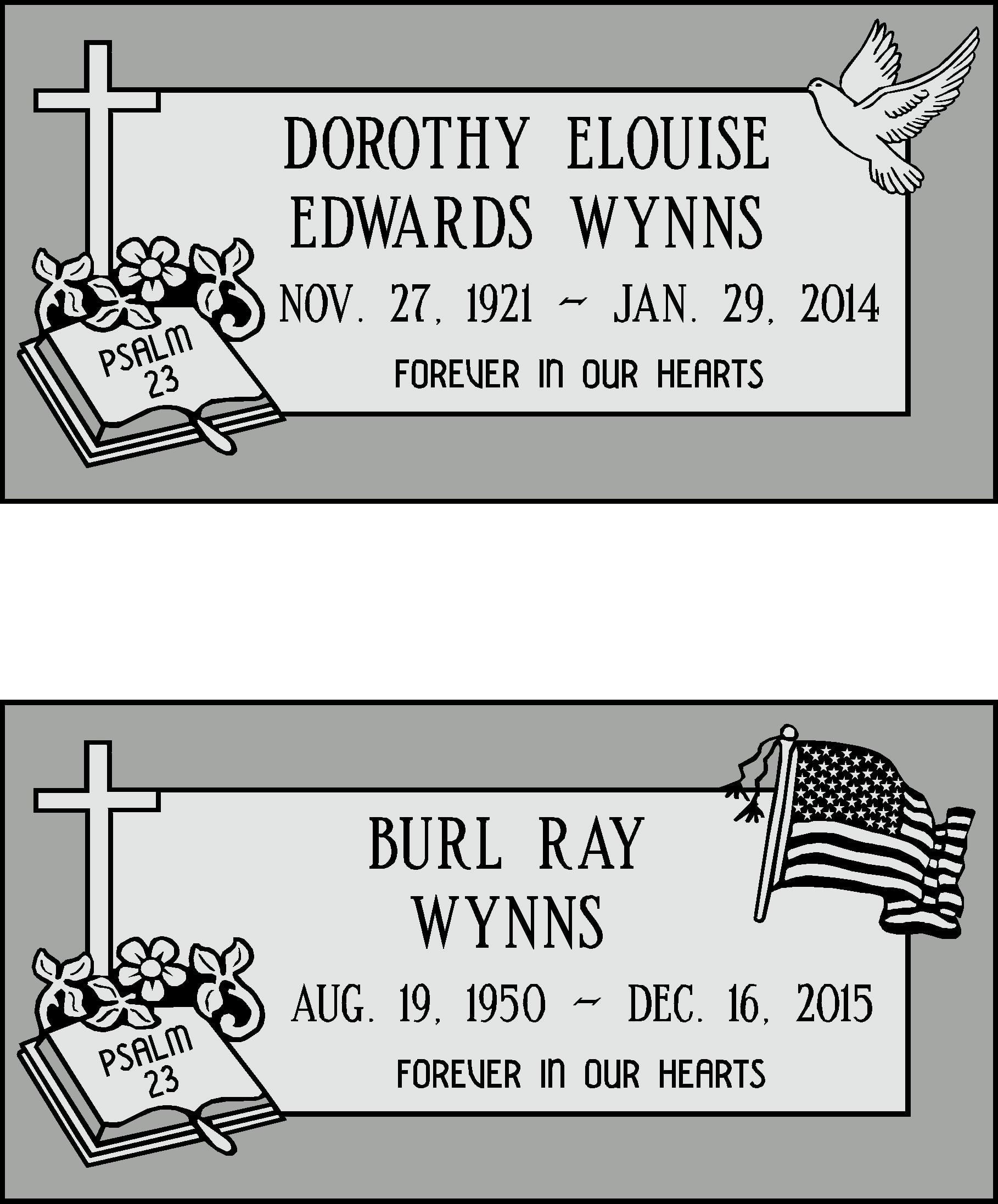 Two engraved memorial plaques with cross, flowers, dove, and flags for Dorothy Louise Edwards Wynns and Burl Ray Wynns