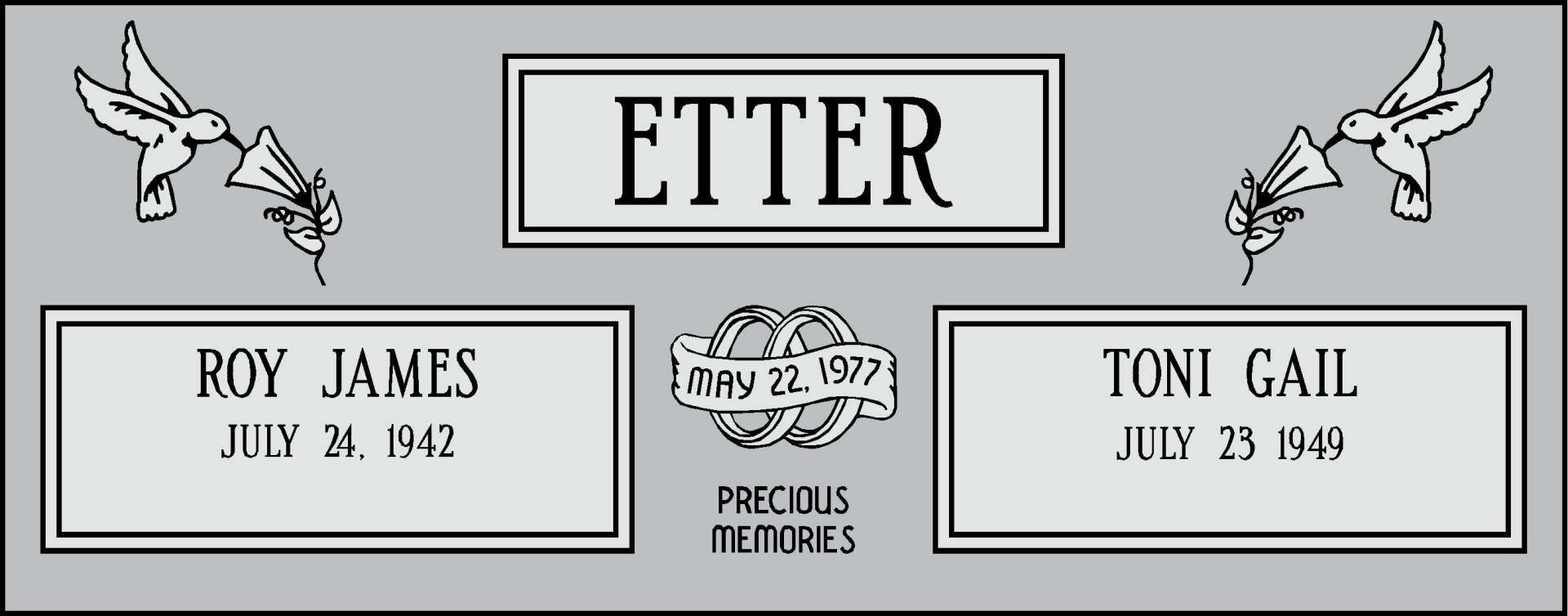 Engraved memorial plaque for Roy James and Tami Gail with angels and flowers, labeled “Etter”