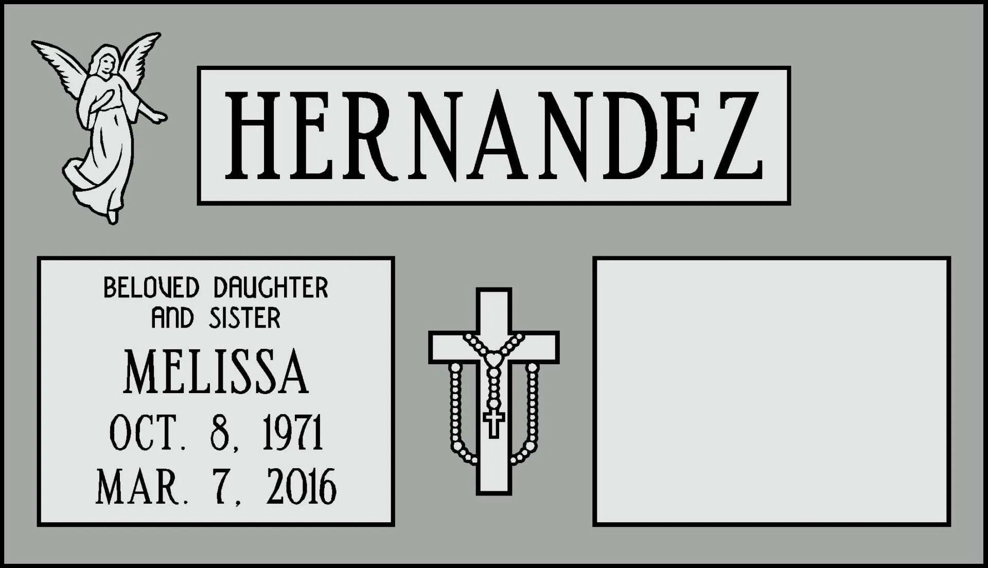 HERNANDEZ memorial plaque with angel, cross, and inset portrait space
