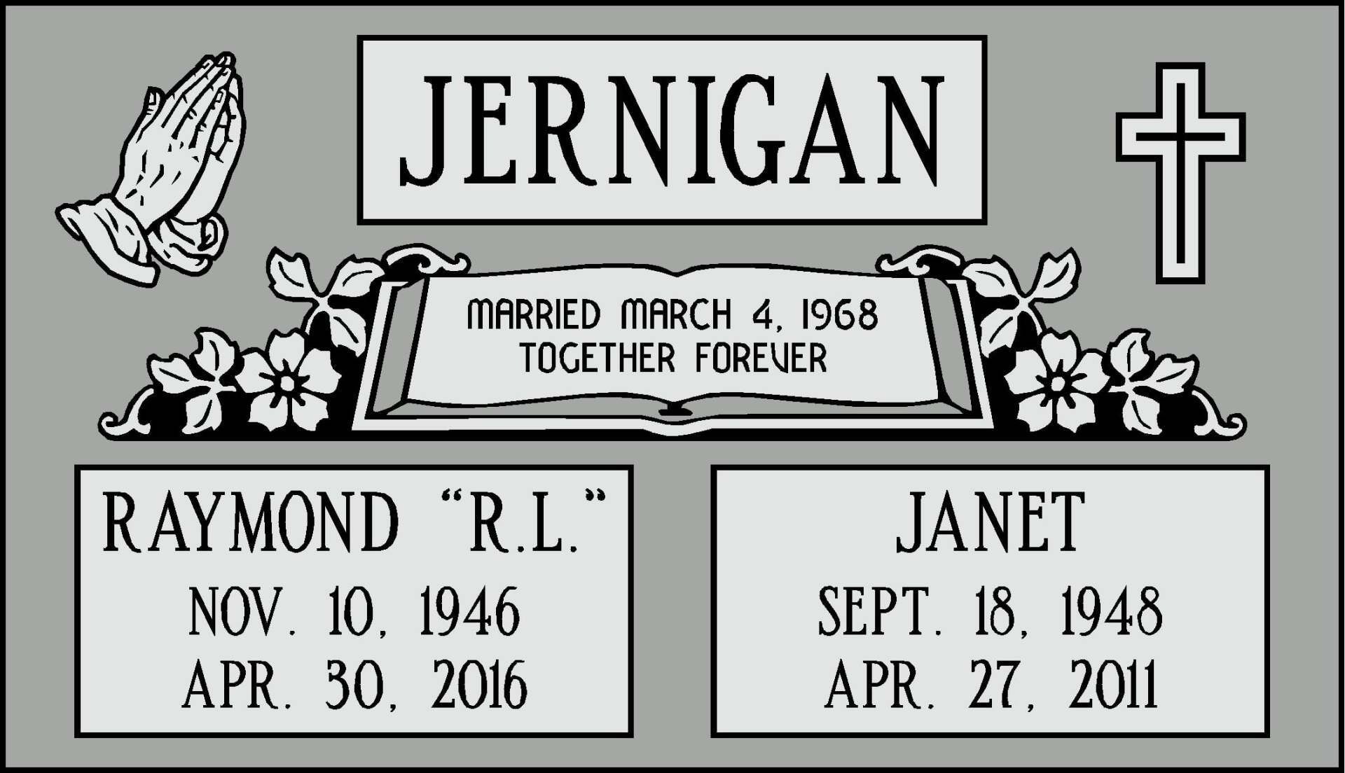 Jernigan family gravestone with praying hands, cross, flowers, and memorial dates for Raymond and Janet