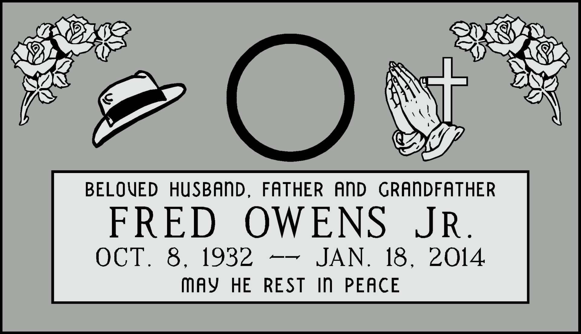Headstone tribute for Fred Owens Jr. with flowers, hat, praying hands, and cross decorations.