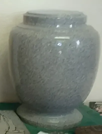 Gray speckled ceramic vase with a lid, sitting on a green surface against a plain wall.