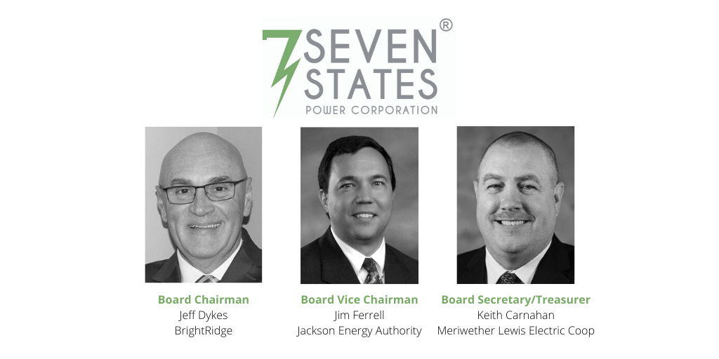 Three men are standing next to each other in front of a sign that says seven states.