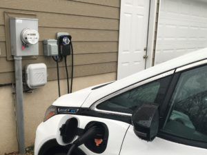 A white electric car is being charged at a charging station.