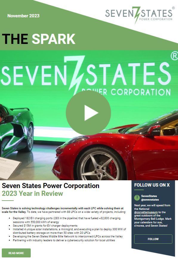 A red sports car is on the cover of a seven states power corporation newsletter.