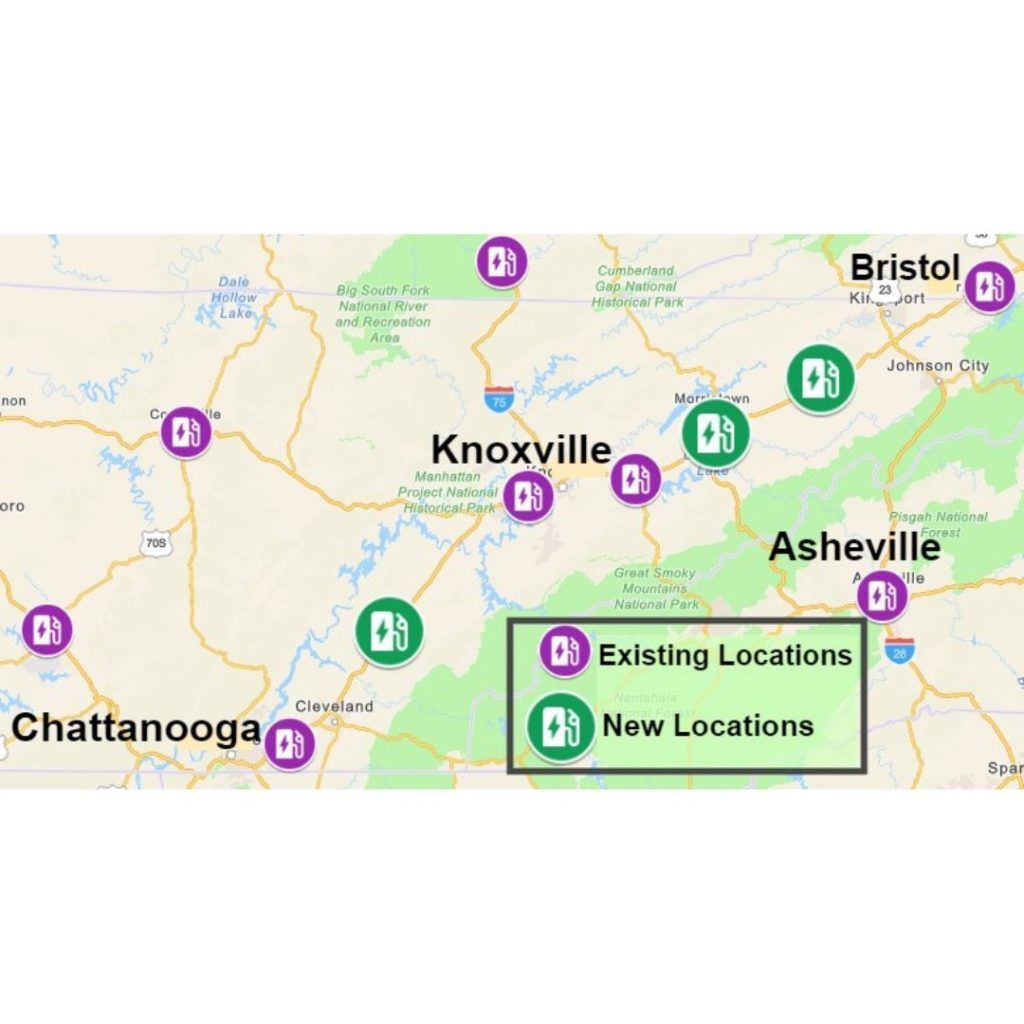 A map showing the existing and new locations of knoxville and asheville.