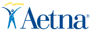 Aetna logo with blue figure, blue text and yellow design.