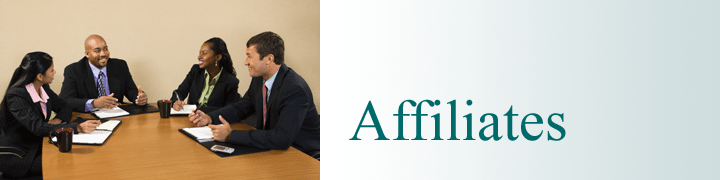 Business team in suits at a meeting table, discussing an Affiliates program.