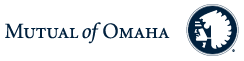 Mutual of Omaha logo: Text and a navy blue circular emblem with a stylized Native American head.