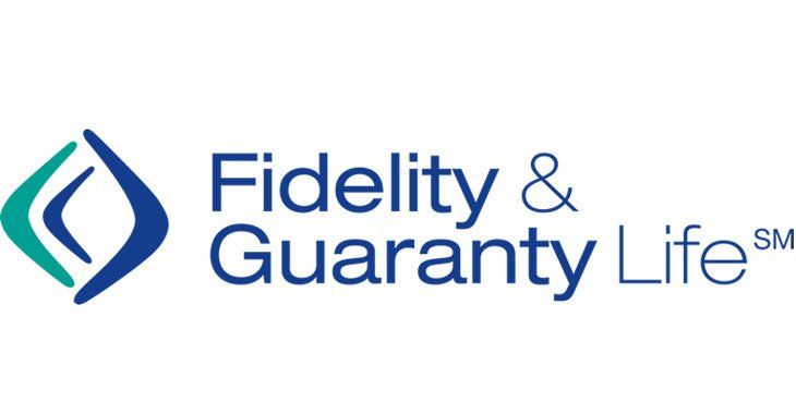 Logo for Fidelity & Guaranty Life, featuring a blue and teal abstract design and text.