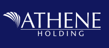 Athene Holding logo on a blue background, with white text and stylized wave graphic.