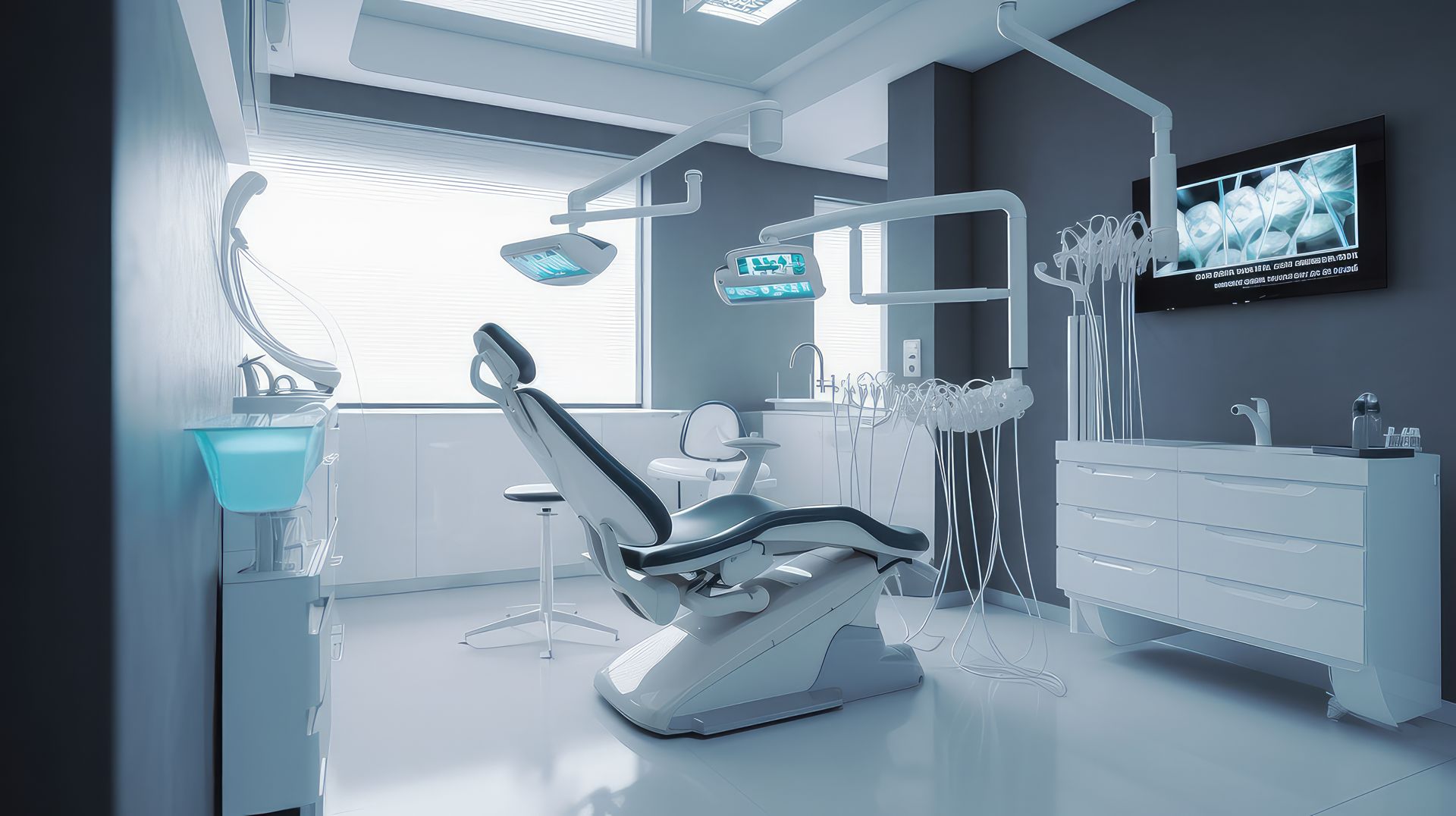 Modern dental treatment room featuring advanced examination chair and overhead lights.