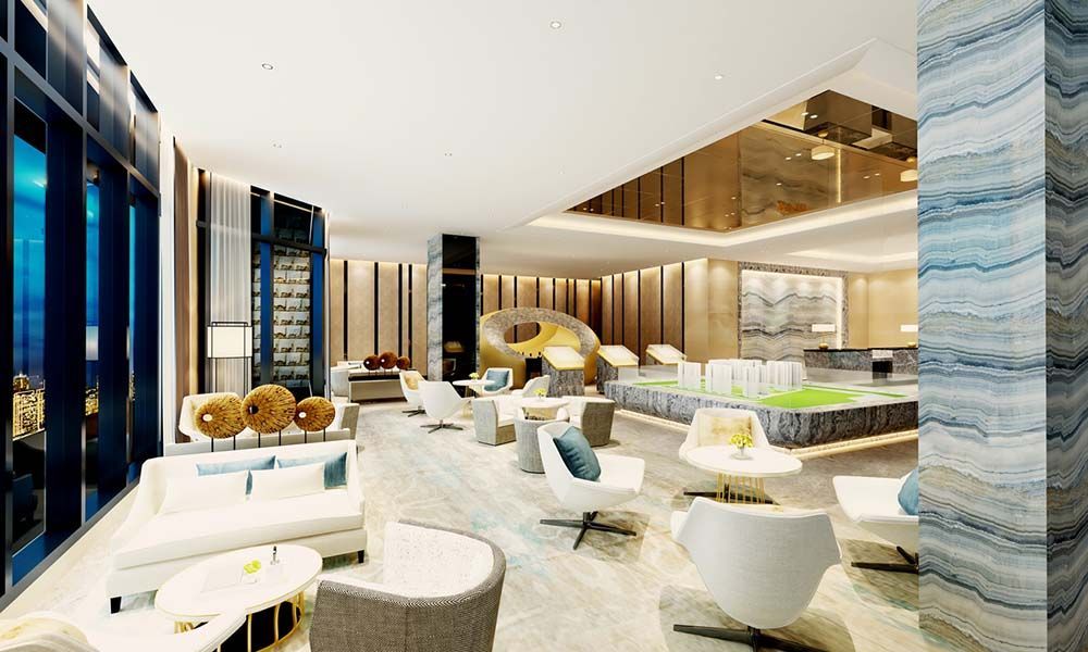 An artist 's impression of a hotel lobby with a lot of furniture.