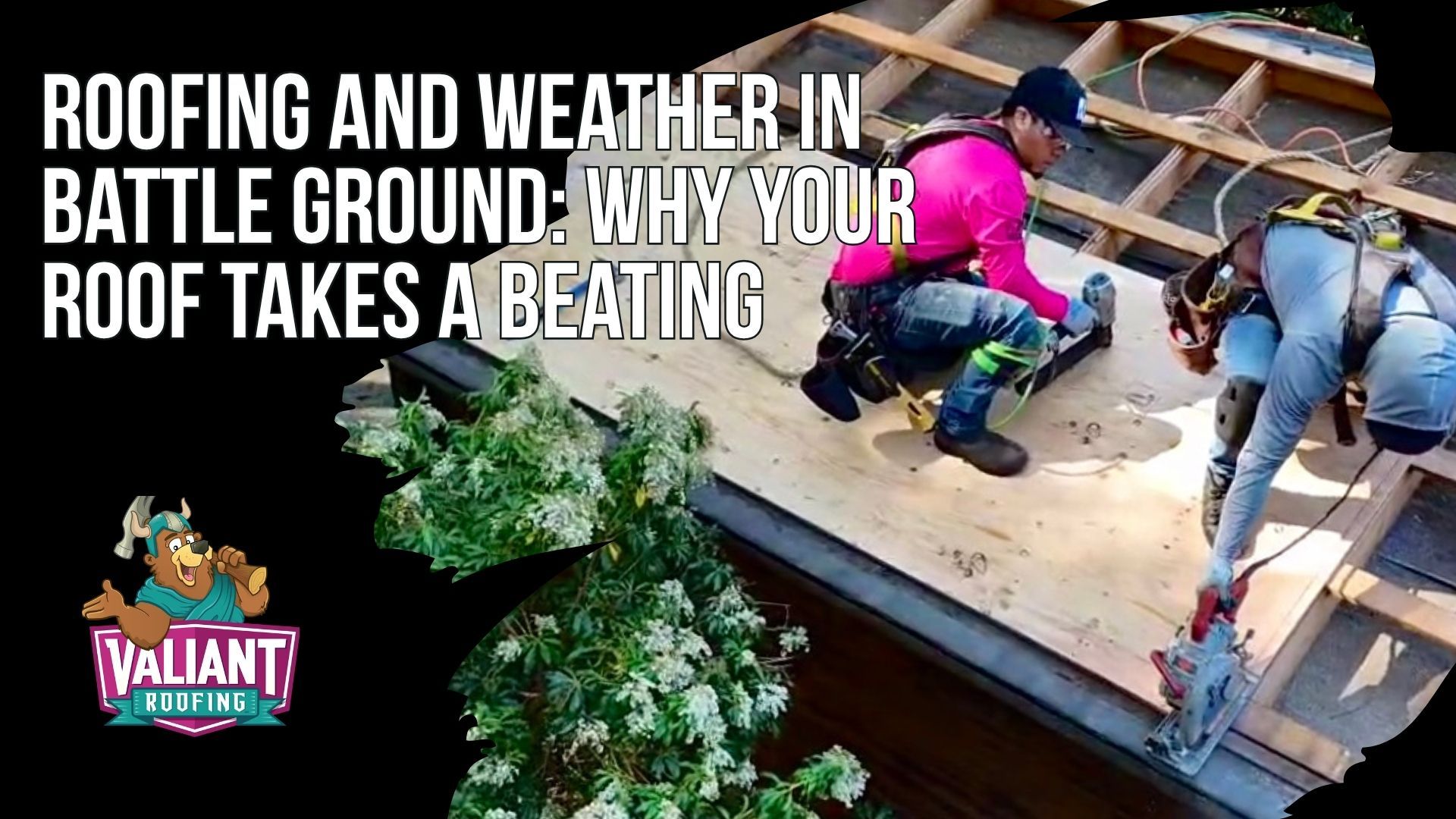 Roofing and Weather in Battle Ground: Why Your Roof Takes a Beating — A seasonal roofing challenge graphic showing a Battle Ground home in Cascade foothills weather conditions with moss-covered asphalt architectural shingles, heavy rainfall over 60 inches annually, and wind damage from Pacific Northwest storms. This section explains how Clark County's persistent rain, windstorms, and mild winters create moss growth, algae buildup, and moisture intrusion that shortens roof lifespan. Homeowners learn seasonal action steps from fall gutter cleaning through summer replacement projects, plus moss treatment with zinc strips, attic ventilation, and Owens Corning roofing systems. Free inspections available from Valiant Roofing at 108 SE 124th Ave STE 8, Vancouver, WA 98684 — https://www.valiantroofing.com/locations/vancouver-wa.