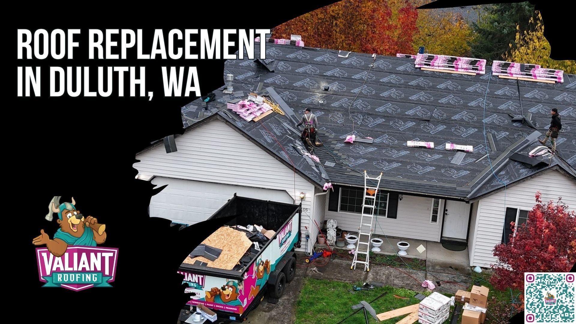 Roof Replacement in Duluth, WA | Residential Roof Replacement Contractors With Free Inspection, Owens Corning Platinum Preferred
A residential roof replacement in Duluth, WA takes shape through a full tear-off, a re-deck where rot is found, ice-and-water shield at the eaves and valleys, synthetic underlayment, and new manufacturer-spec shingles installed to code in one to three days. The setting is a 1990s and early 2000s Duluth home in unincorporated Clark County near Exit 11 off Interstate 5, its asphalt roof aged by Pacific Northwest rain, Columbia River Gorge east-wind events, and shade along Gee Creek, with curling shingles, moss in the seams, and granules in the downspouts. The view reflects roof replacement in Duluth, WA by Valiant Roofing, an Owens Corning Platinum Preferred Contractor and CertainTeed SELECT ShingleMaster offering a free drone inspection.
108 SE 124th Ave Suite 8, Vancouver, WA 98684
https://www.valiantroofing.com/locations/vancouver-wa
