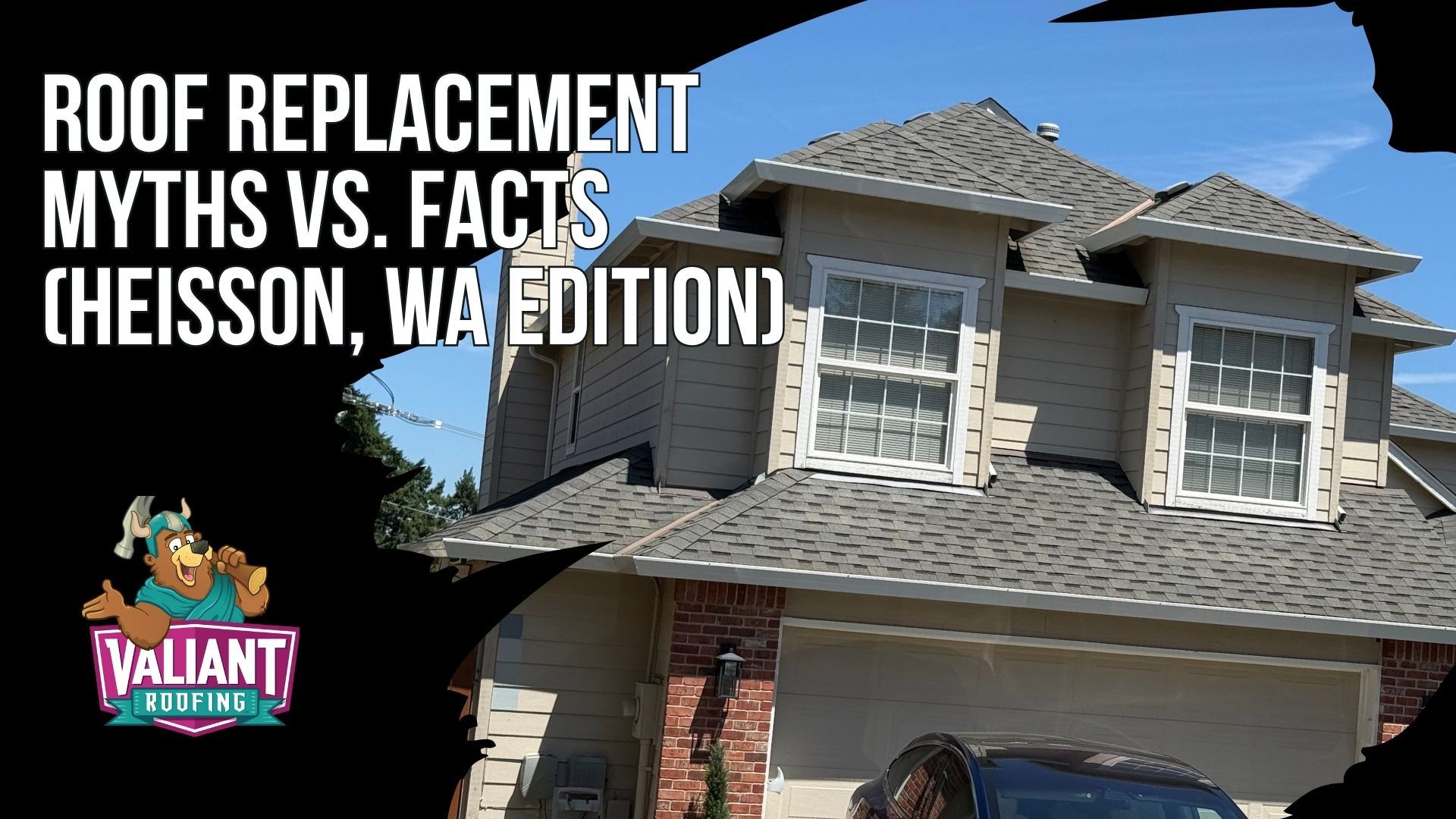 Roof Replacement Myths vs. Facts (Heisson, WA Edition)
A Heisson roofing technician kneels on freshly stripped decking, holding up a section of rotted plywood hidden beneath two layers of old asphalt shingles, damage no overlay job would ever catch. Behind him, a roll of synthetic underlayment and a stack of architectural shingles wait near the ridge while torn off debris loads into a dumpster below. The scene dispels the myths Heisson homeowners hear, that overlays save money, that the cheapest bid wins, that you can wait until a leak appears, and shows why a permitted tear off with proper flashing is the only real protection. Visit Valiant Roofing at 108 SE 124th Ave Suite 8, Vancouver, WA 98684 or https://www.valiantroofing.com/locations/vancouver-wa