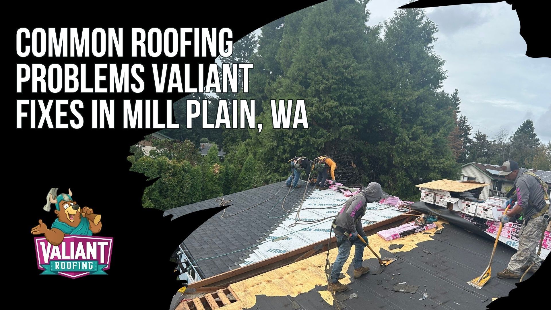 Valiant Roofing repairs common Mill Plain roofing problems caused by sustained rain, cool temperatures, tree cover, wind, and poor ventilation. Issues include moss and algae growth, shingle granule loss, failed flashing around chimneys and skylights, deteriorated pipe boots, debris trapped in valleys, lifted or missing shingles, and attic ventilation imbalance that can lead to condensation, mold, decking damage, and structural concerns. Routine inspections help identify these problems before moisture spreads into insulation or interior ceilings. Minor roofing repairs in Mill Plain commonly range from $300 to $900, while larger water damage remediation can cost significantly more. Address: 108 SE 124th Ave Suite 8, Vancouver, WA 98684. URL: [https://www.valiantroofing.com/locations/vancouver-wa](https://www.valiantroofing.com/locations/vancouver-wa)

